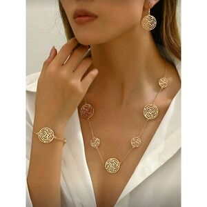 Gold Finish Circle Pendant‎ Necklace Bracelet Earrings Jewelry Set Women